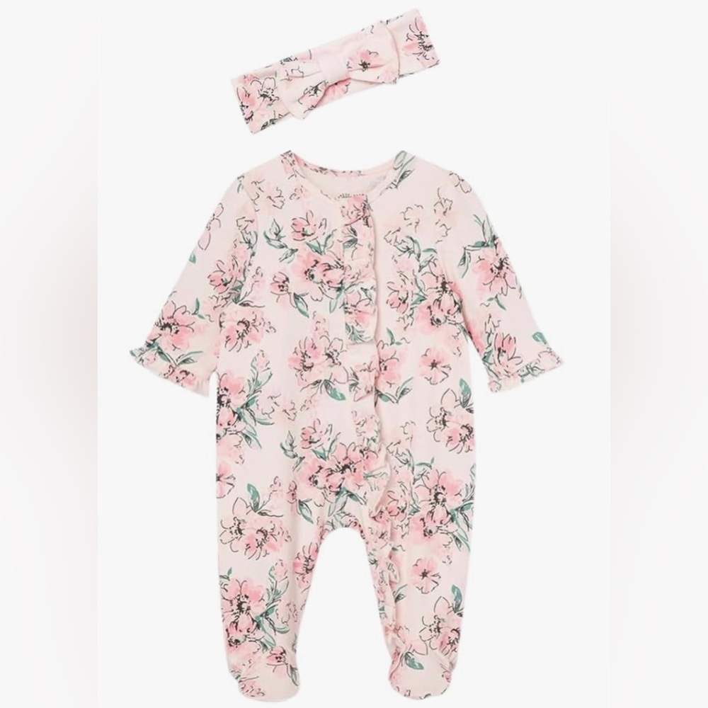 LITTLE ME Floral Pink Baby One Piece with Headband